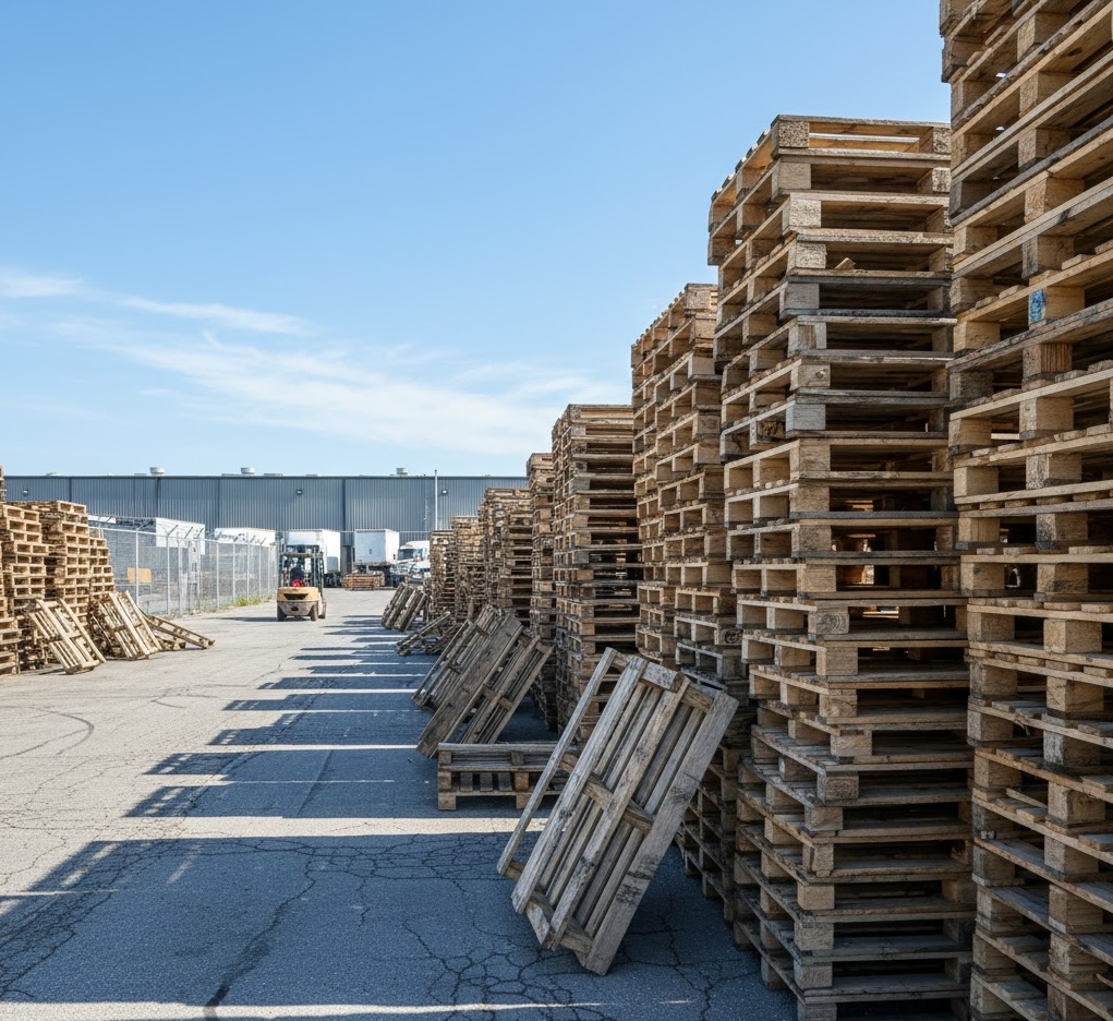 Large inventory of pallets stacked outdoors at Austin Pallets yard