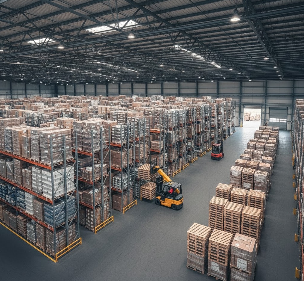 Large warehouse with forklifts moving pallets at Austin Pallets