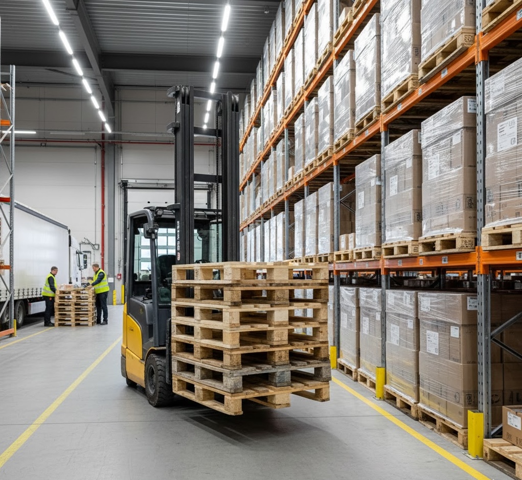 Forklift moving pallets in Austin Pallets warehouse
