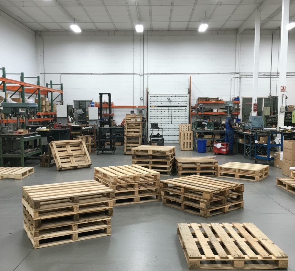 Pallet repair workshop at Austin Pallets with pallets being refurbished
